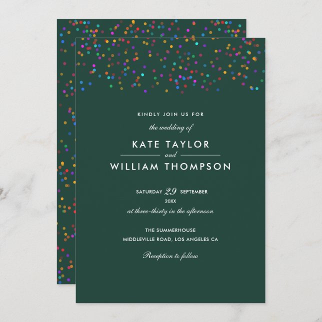 Rainbow Confetti Emerald Green Wedding Invitation (Front/Back)