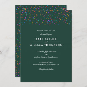Rainbow Confetti Emerald Green Wedding Invitation