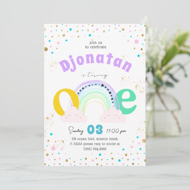 Rainbow Confetti First Birthday Invitation (Standing Front)