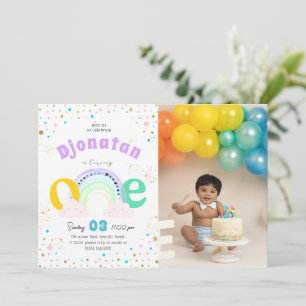 Rainbow Confetti First Birthday Photo Invitation