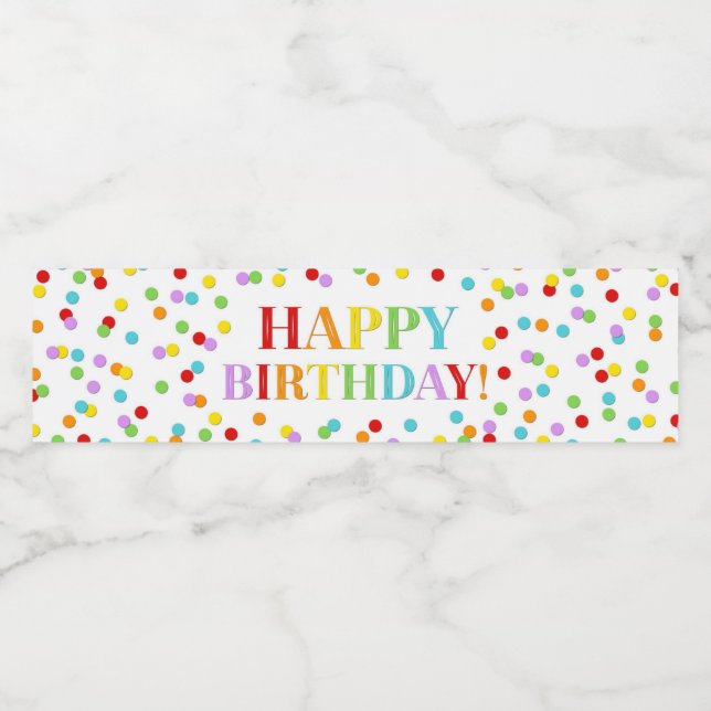 Rainbow Confetti Happy Birthday Water Bottle Label (Single Label)