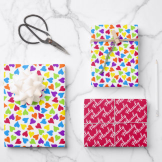 Rainbow Confetti Hearts Name Wrapping Paper Sheet