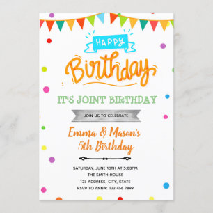 Rainbow confetti joint birthday invitation