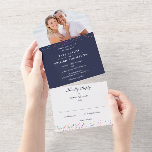 Rainbow Confetti Monogram Photo Navy Blue Wedding All In One Invitation (Tearaway)