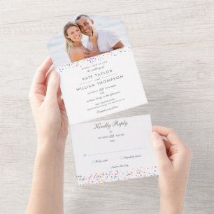 Rainbow Confetti Monogram Photo Wedding All In One Invitation