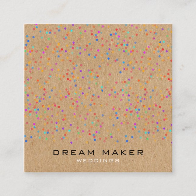 Rainbow Confetti Rustic Kraft Square Business Card (Front)