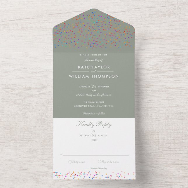 Rainbow Confetti Sage Green Monogram Wedding All In One Invitation (Inside)