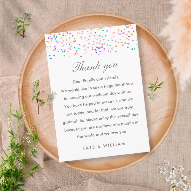 Rainbow Confetti Wedding Thank You Place Card (Creator Uploaded)