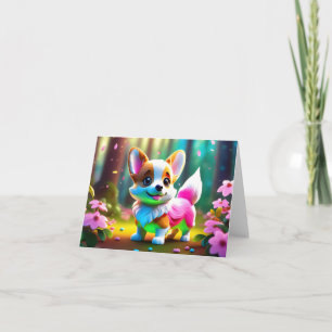 Rainbow Corgi Puppy in Flowers BLANK Card