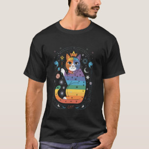 Rainbow Cosmic Cat with Moons and Crystals T-Shirt