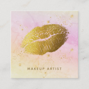 *~* Rainbow Cosmic Gold Stars Pastel Ombre Square Business Card