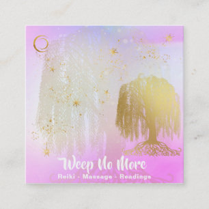 *~* Rainbow Cosmic Willow Tree Moon Gold Square Business Card