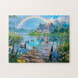 Rainbow Cottage with Ducks, Heron and Forest Strea Jigsaw Puzzle