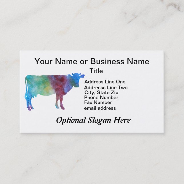 Rainbow Cow With Customisable Text Business Card (Front)