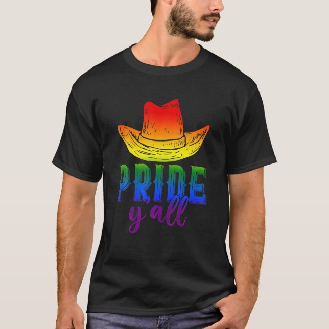 Rainbow Cowboy Hat LGBT Gay Pride Flag Rodeo Cowbo T-Shirt (Front)
