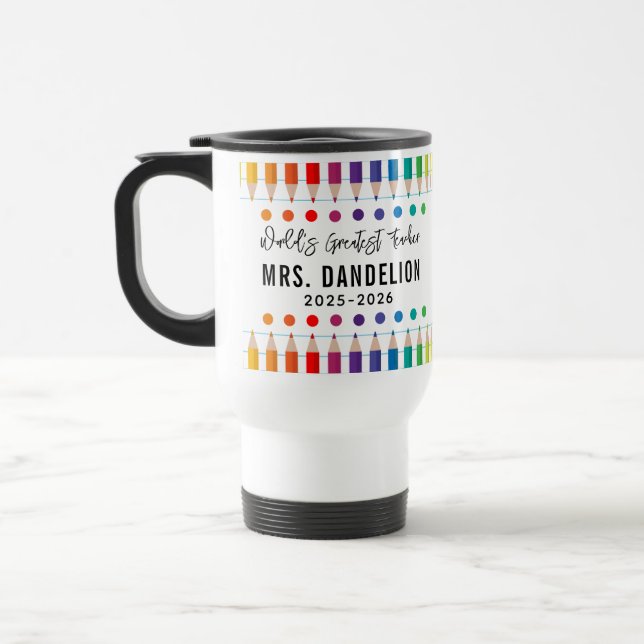 Rainbow Crayons Kindergarten Teacher Travel Mug (Left)