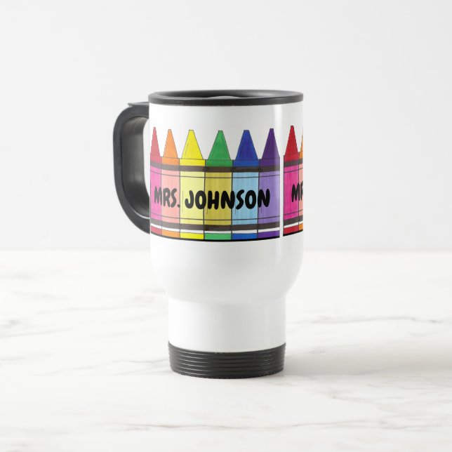 Rainbow Crayons Personalised School Art Teacher Travel Mug (Front Left)