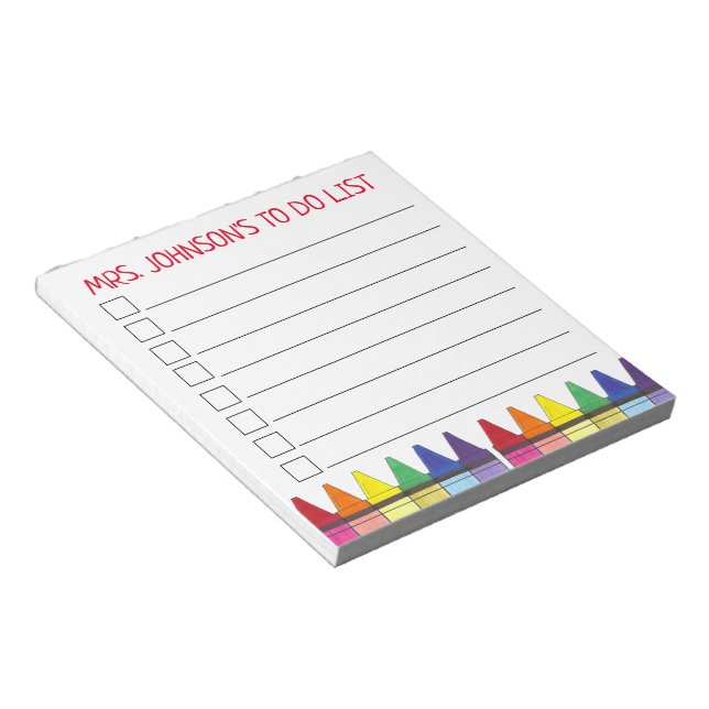 Rainbow Crayons Personalised Teacher To Do List Notepad (Angled)