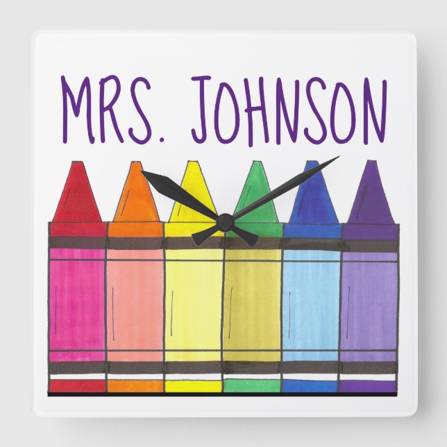 Rainbow Crayons School Teacher Art Supplies Pride Square Wall Clock (Front)