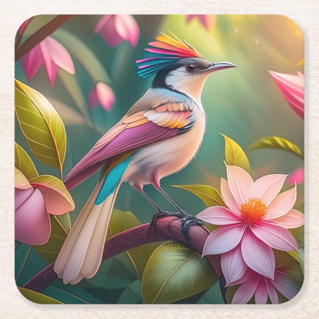 Rainbow crested Jay Fantasy Bird Square Paper Coaster (Front)