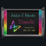 [Rainbow Crinkle Wedding] Heart Butterfly Black Serving Tray<br><div class="desc">This simple yet elegant personalised serving tray with a touch of rainbow colours is sure to be a conversation piece anywhere it's displayed. The background (shown here in black) can be changed to any colour you want as can the text colours. As a bonus, you may choose either a heart...</div>