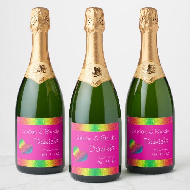 [Rainbow Crinkle Wedding] Heart Butterfly Pink Sparkling Wine Label (Bottles)