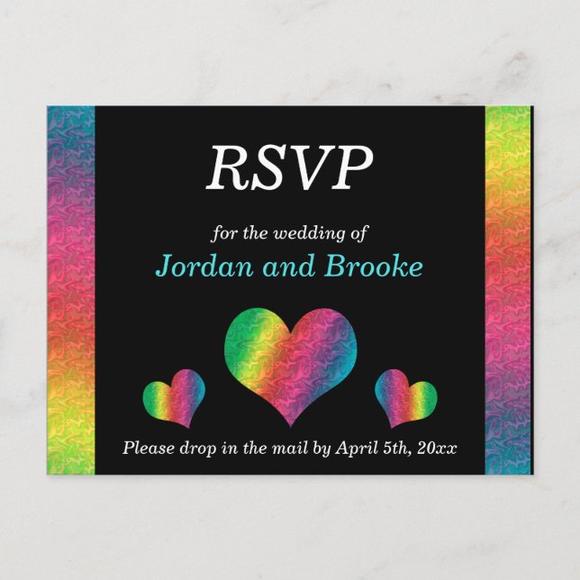 [Rainbow Crinkle Wedding] Hearts RSVP Card Black (Front)