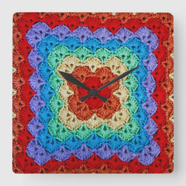 Rainbow Crochet Granny Square Square Wall Clock (Front)