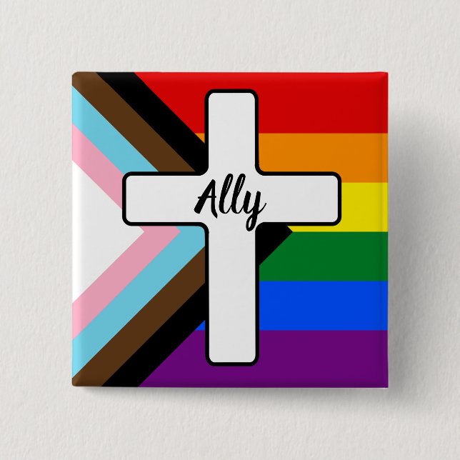 Rainbow Cross Progress Pride Flag Ally 15 Cm Square Badge (Front)
