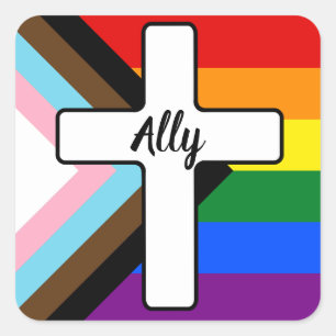 Rainbow Cross Progress Pride Flag Ally Square Sticker