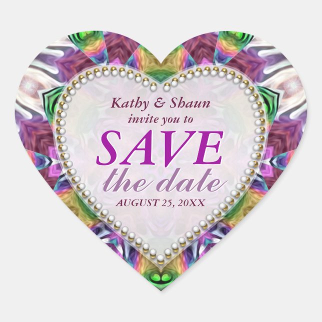 Rainbow Crystals Save the Date Heart Stickers (Front)