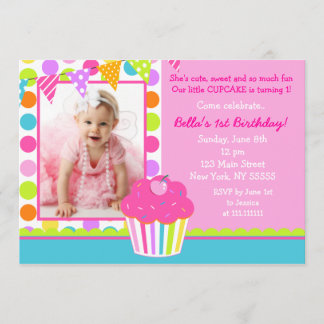 Rainbow Cupcake Photo Birthday Party Invitation