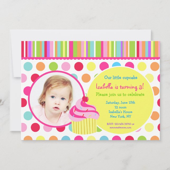 Rainbow Cupcake  Photo Birthday Party Invitations (Front)