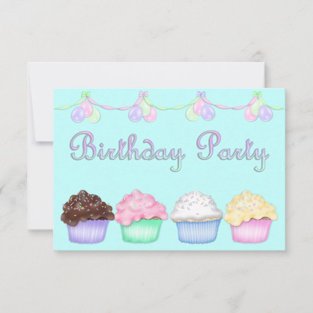 RAINBOW CUPCAKES AQUA BIRTHDAY PARTY INVITATION (Front)