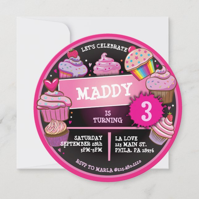 RAINBOW CUPCAKES Birthday Party Invitation (Front)