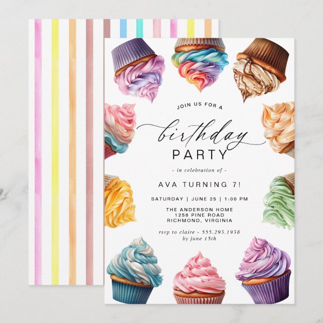 Rainbow Cupcakes | Cute Girls Birthday Party Invitation (Front/Back)