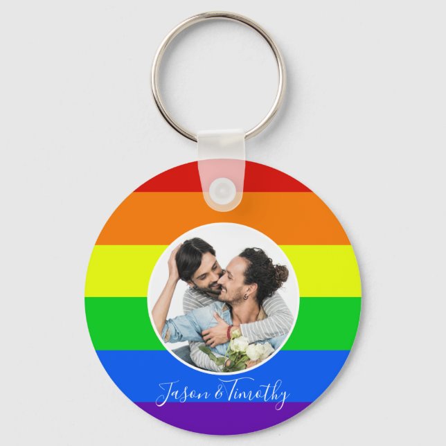 Rainbow Custom Couple Photo LGBTQ Anniversary Gift Key Ring (Front)