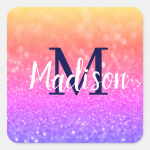 Rainbow Custom Glitter Name Personalised Square Sticker