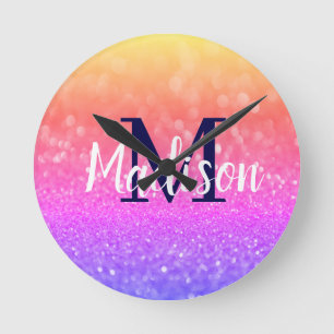 Rainbow Custom Glitter Name Personalized Round Clock