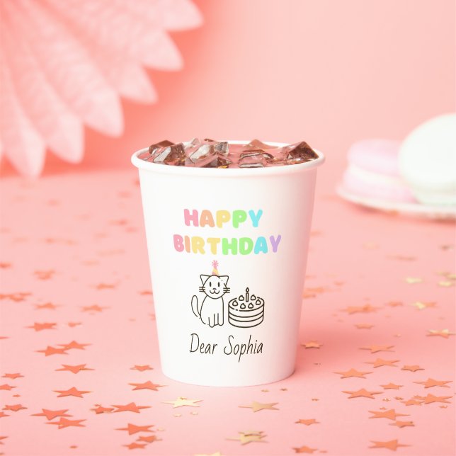 Rainbow&Cute Cat Happy Birthday Paper Cups (Insitu)