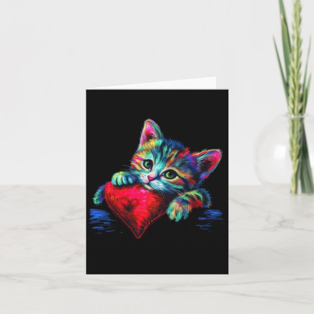 Rainbow Cute Cat Hugging Heart Kitten Lying On Hea Card (Front)