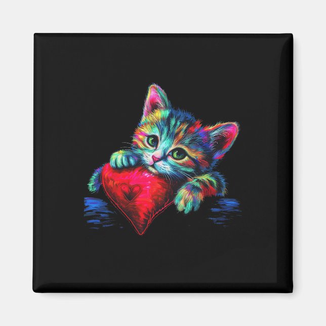 Rainbow Cute Cat Hugging Heart Kitten Lying On Hea Magnet (Front)