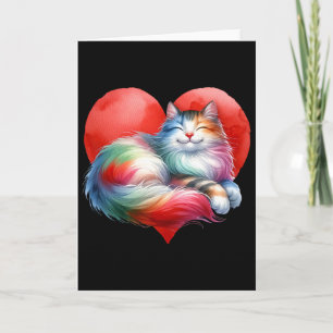 Rainbow Cute Cat Hugging Heart Kitty Love Cat Vale Card