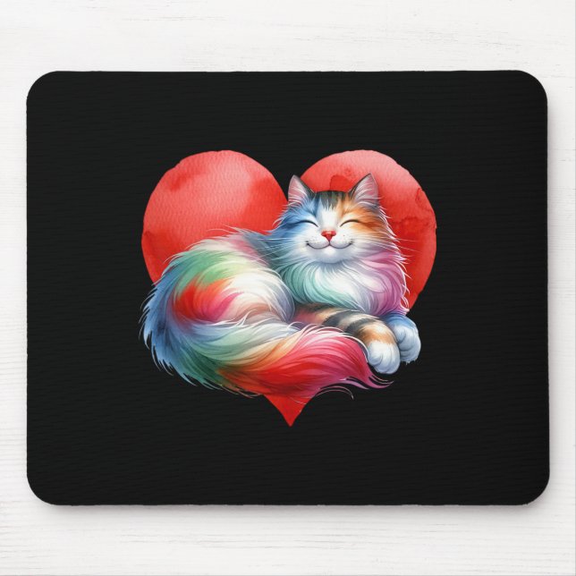 Rainbow Cute Cat Hugging Heart Kitty Love Cat Vale Mouse Mat (Front)