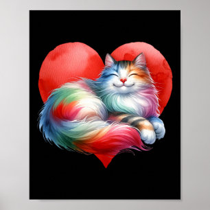 Rainbow Cute Cat Hugging Heart Kitty Love Cat Vale Poster