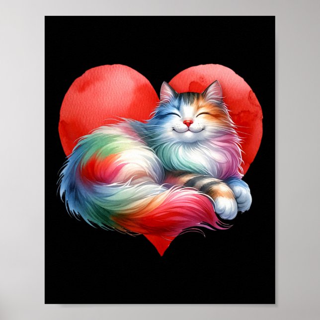 Rainbow Cute Cat Hugging Heart Kitty Love Cat Vale Poster (Front)