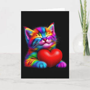 Rainbow Cute Cat Hugging Valentine Heart Kitty Lov Card