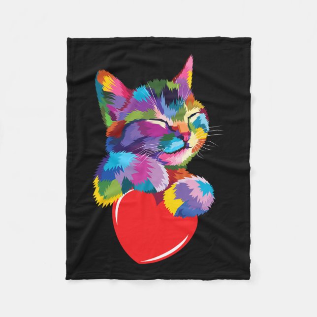 Rainbow Cute Cat Hugging Valentine Heart Kitty Lov Fleece Blanket (Front)