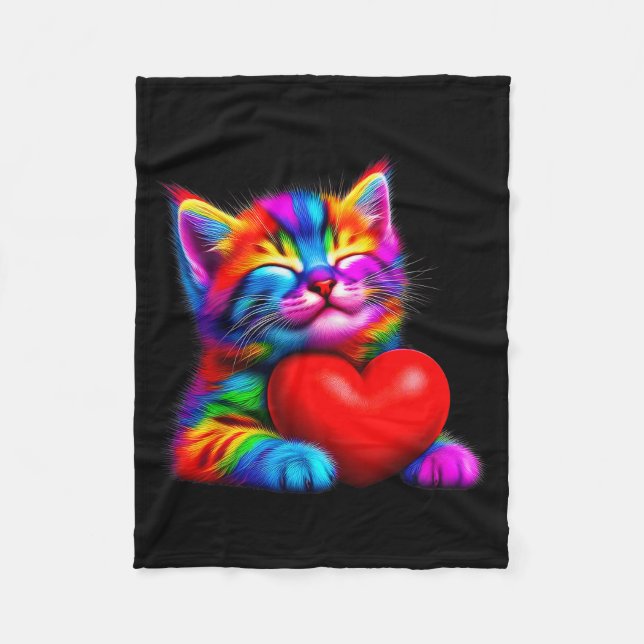 Rainbow Cute Cat Hugging Valentine Heart Kitty Lov Fleece Blanket (Front)