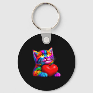 Rainbow Cute Cat Hugging Valentine Heart Kitty Lov Key Ring